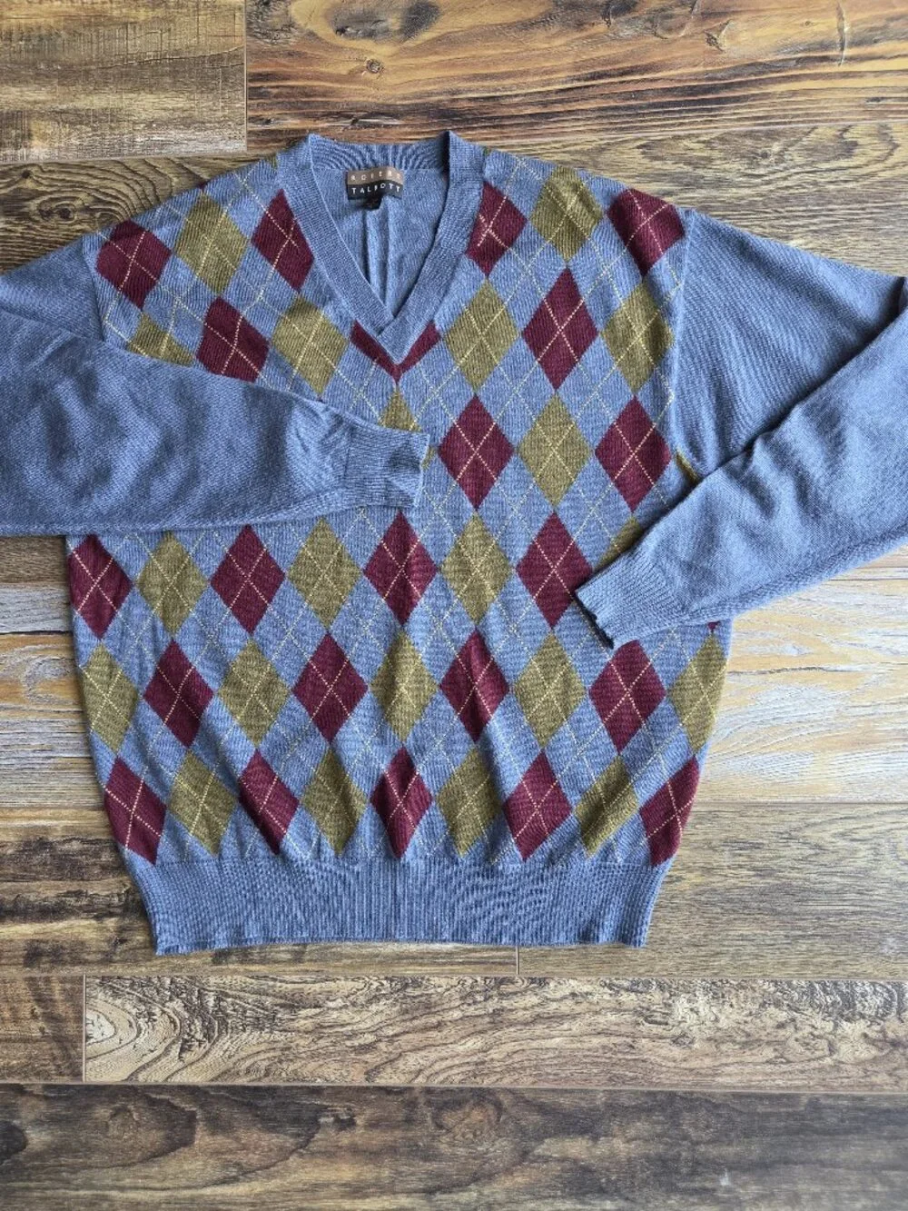 Vintage'90s Robert Talbott Argyle 100% Merino Wool V-Neck Sweater Blue